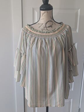 300. Jodifl Pastel Stripe Off-the-Shoulder Ruffle Sleeve Top Size L